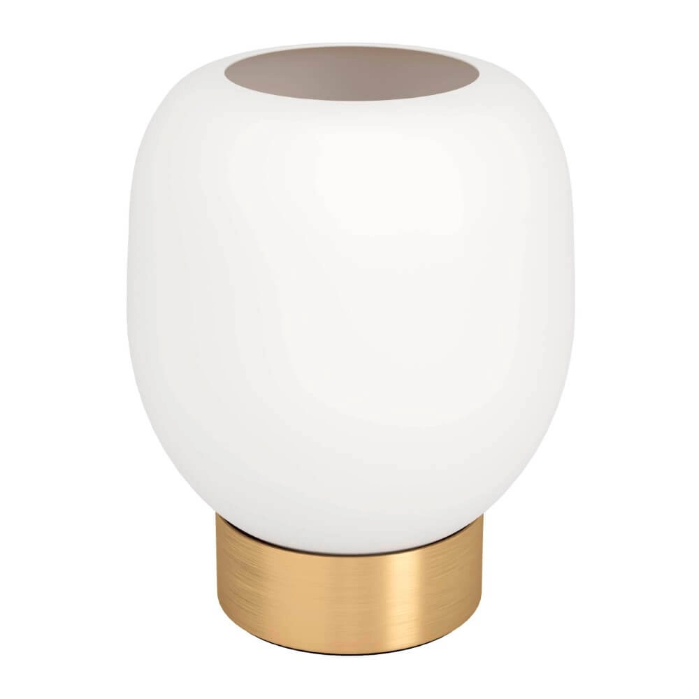 Goldene Tischlampe Manzanares mit weißem Glas