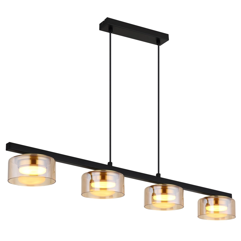 Design-Pendellampe Higgins 4-Licht Schwarz mit bernsteinfarbenem Glas