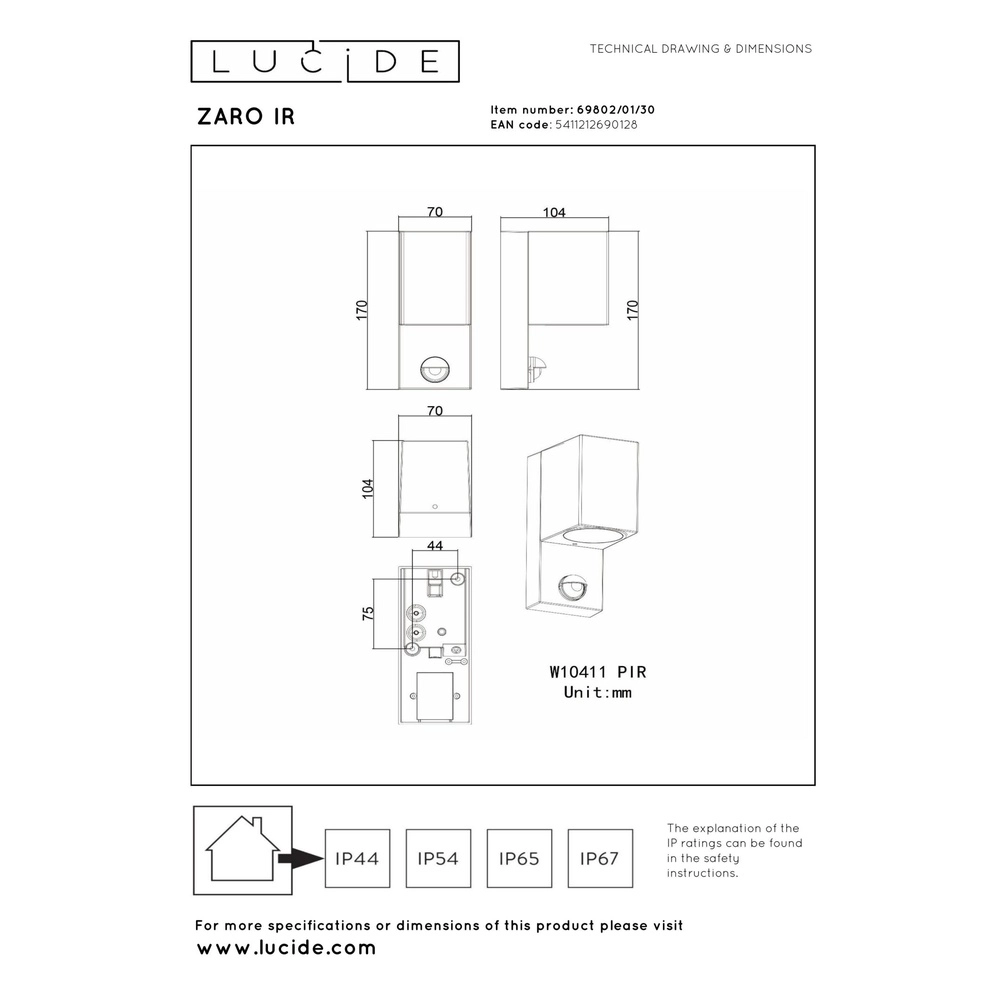 Design-Wandspot Zaro Einzelne Schwarze mit Sensor Lucide 5411212690128