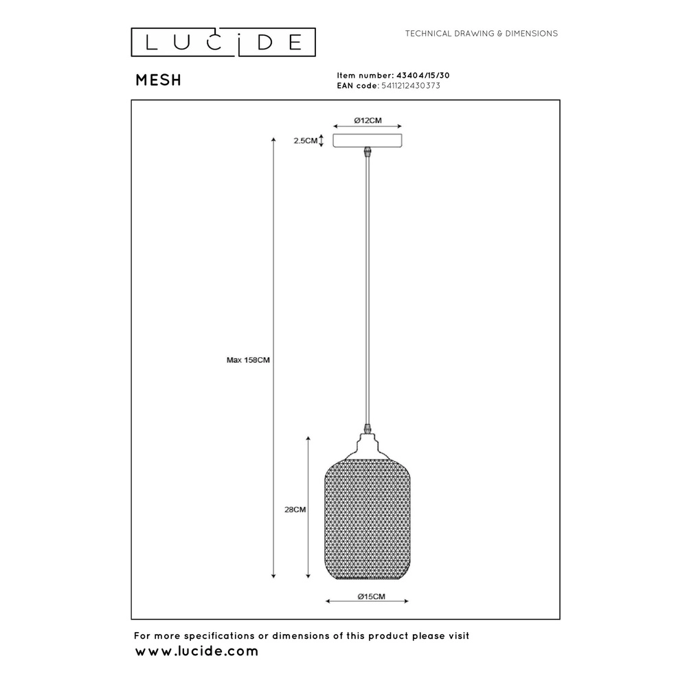 Netz-Pendellampe Mesh Ø 15 cm schwarz Lucide 5411212430373