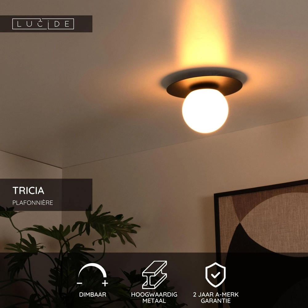 Deckenlampe Tricia Schwarz mit weißer Kugel Lucide 5411212791993