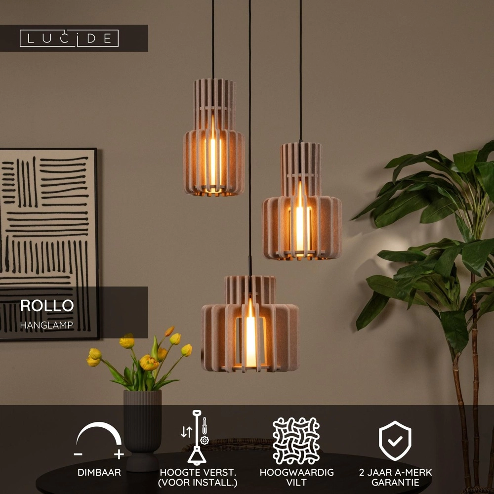 Design-Pendellampe Rollo 3-hell sandbraun Lucide 5411212452801