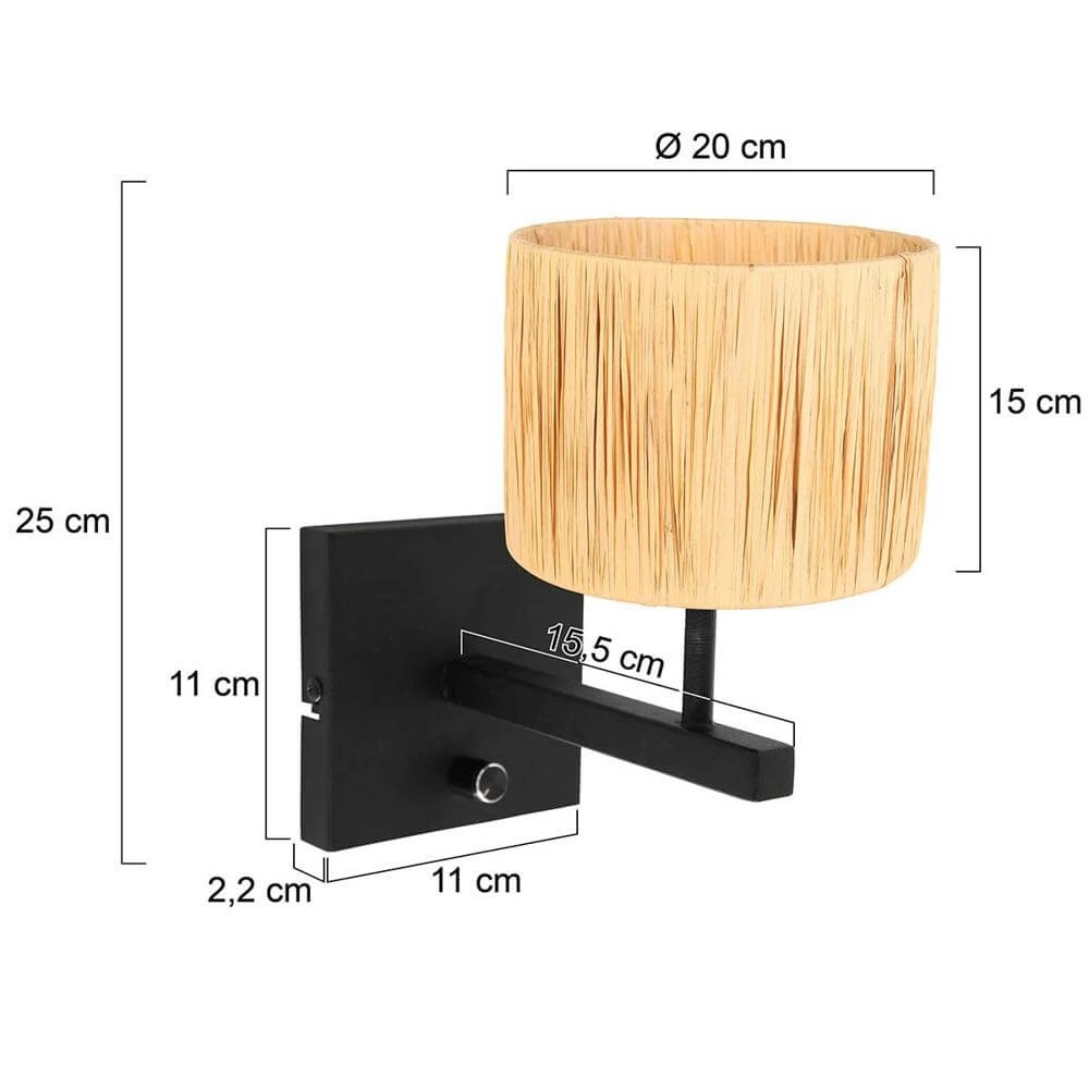 Wandleuchte Stang mit Dimmer schwarz und Strohkappe Steinhauer 8712746172096