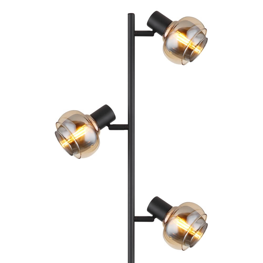 Schwarze Stehleuchte Tokki 3-flammiges bernsteinfarbenes Rauchglas Globo 9007371449033