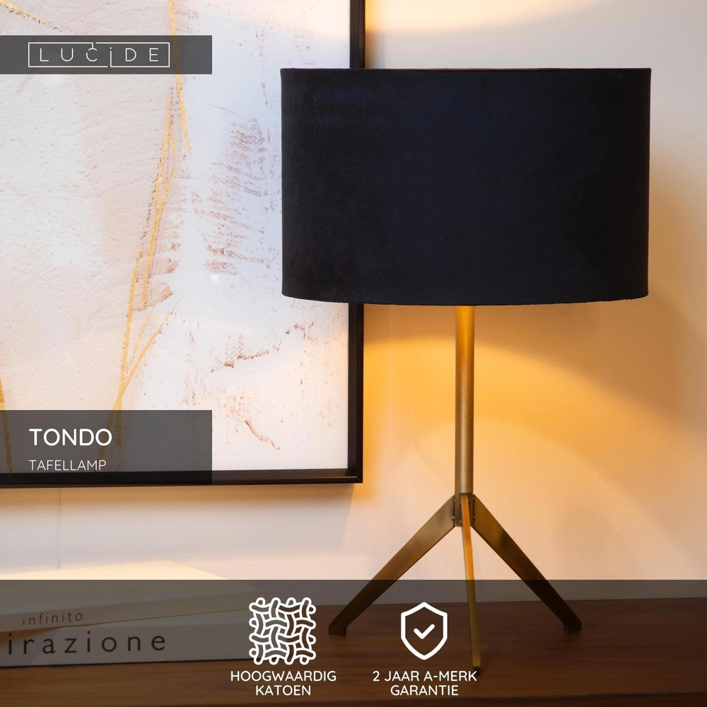 Stativtischlampe Tondo Gold mit schwarzer Kappe Lucide 5411212452351