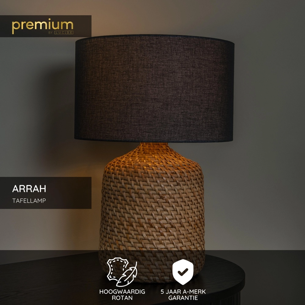 Tischlampe Arrah Ø 35 cm – Seegras mit schwarzer Kappe Premium by Lucide 5411212106124