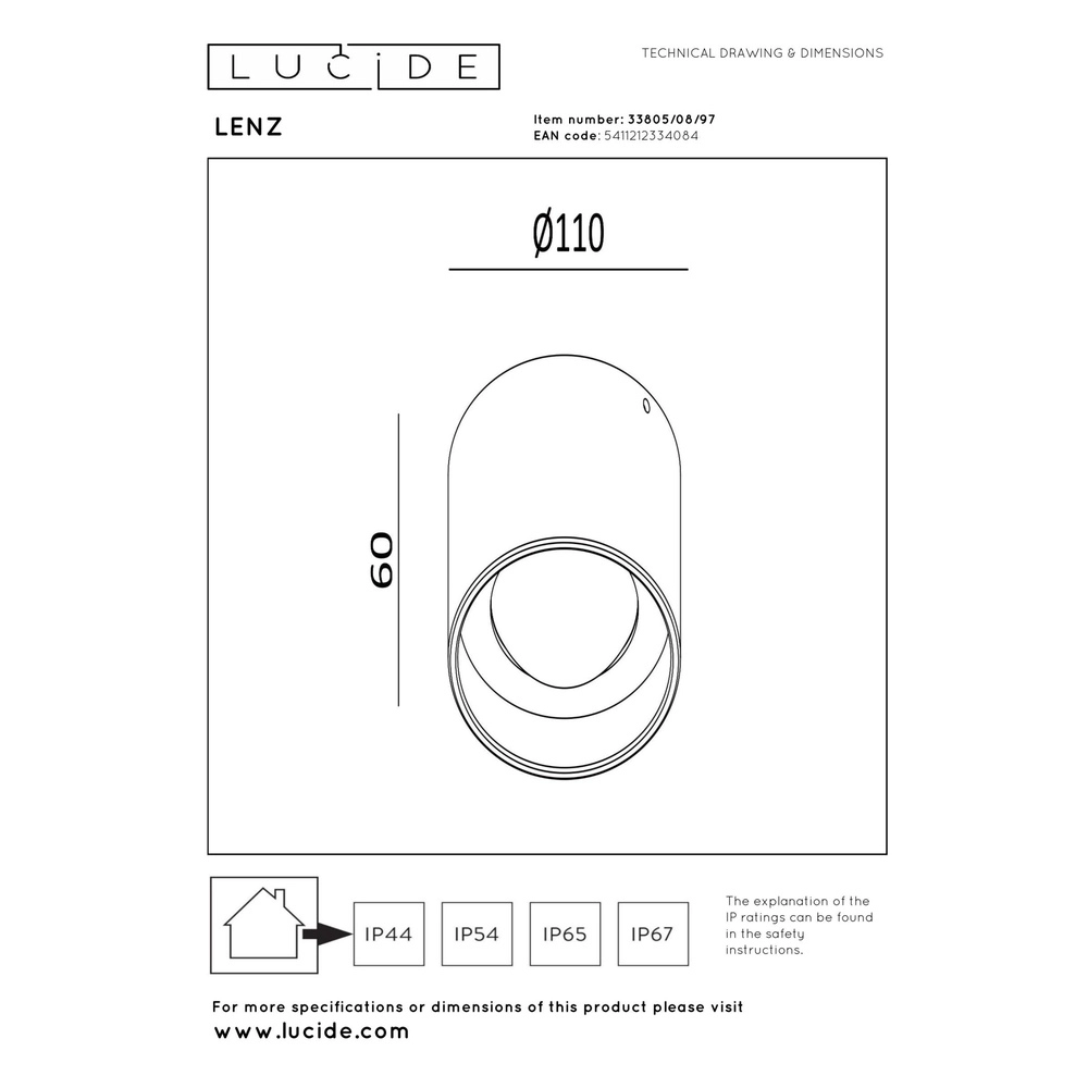 Deckenscheinwerfer Lenz Ø 11 cm rostbraun IP54 Lucide 5411212334084