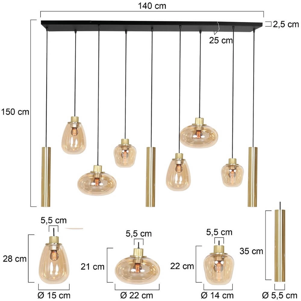 Esstisch-Hängelampe Reflexion Gold mit bernsteinfarbenem Glas Steinhauer 8712746172966