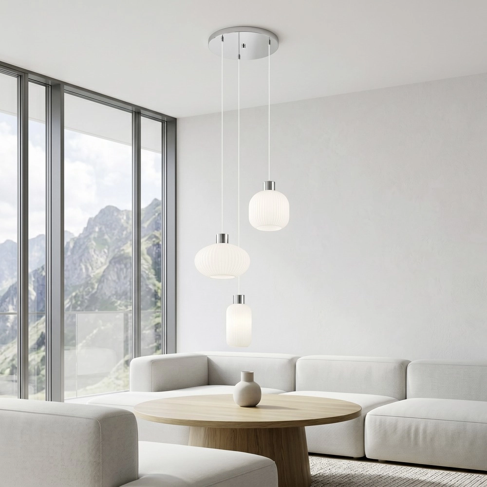 Design-Pendellampe Dasmina Chrom mit weißen 3-Lichtern