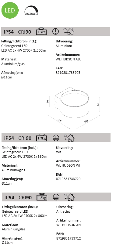 Design Wandscheinwerfer Hudson 11 cm – Edelstahl Artdelight 8719831733705