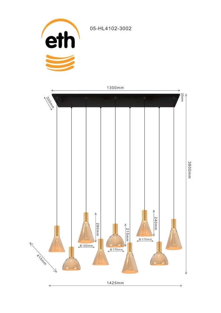 9-Licht Esstischlampe Lisa Gold mit bernsteinfarbenem Glas ETH 8720195310211