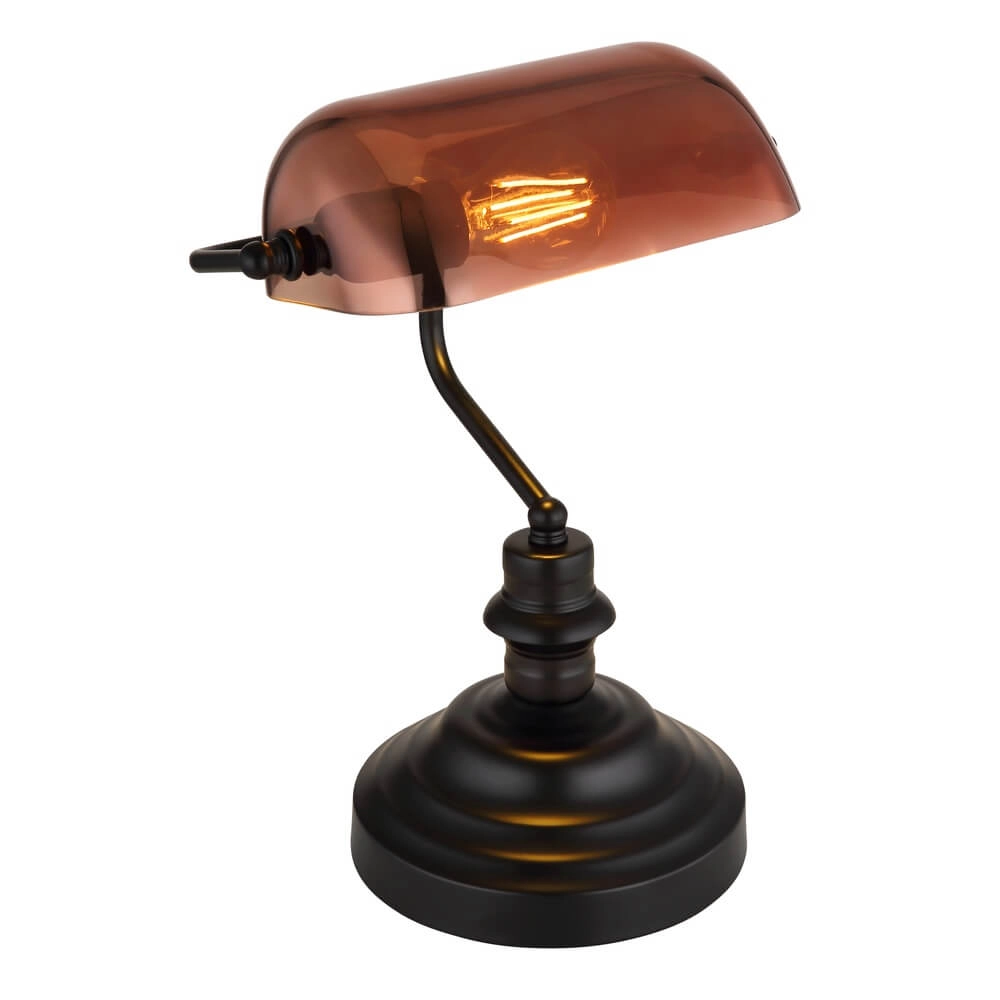Klassische Schreibtischlampe Antique schwarz mit braunem Glas
