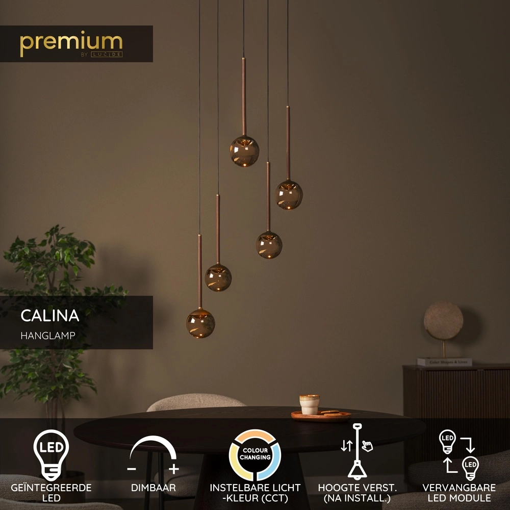 Design-Pendellampe Calina 5-Licht mit bernsteinfarbenen Kugeln Premium by Lucide 5411212242150