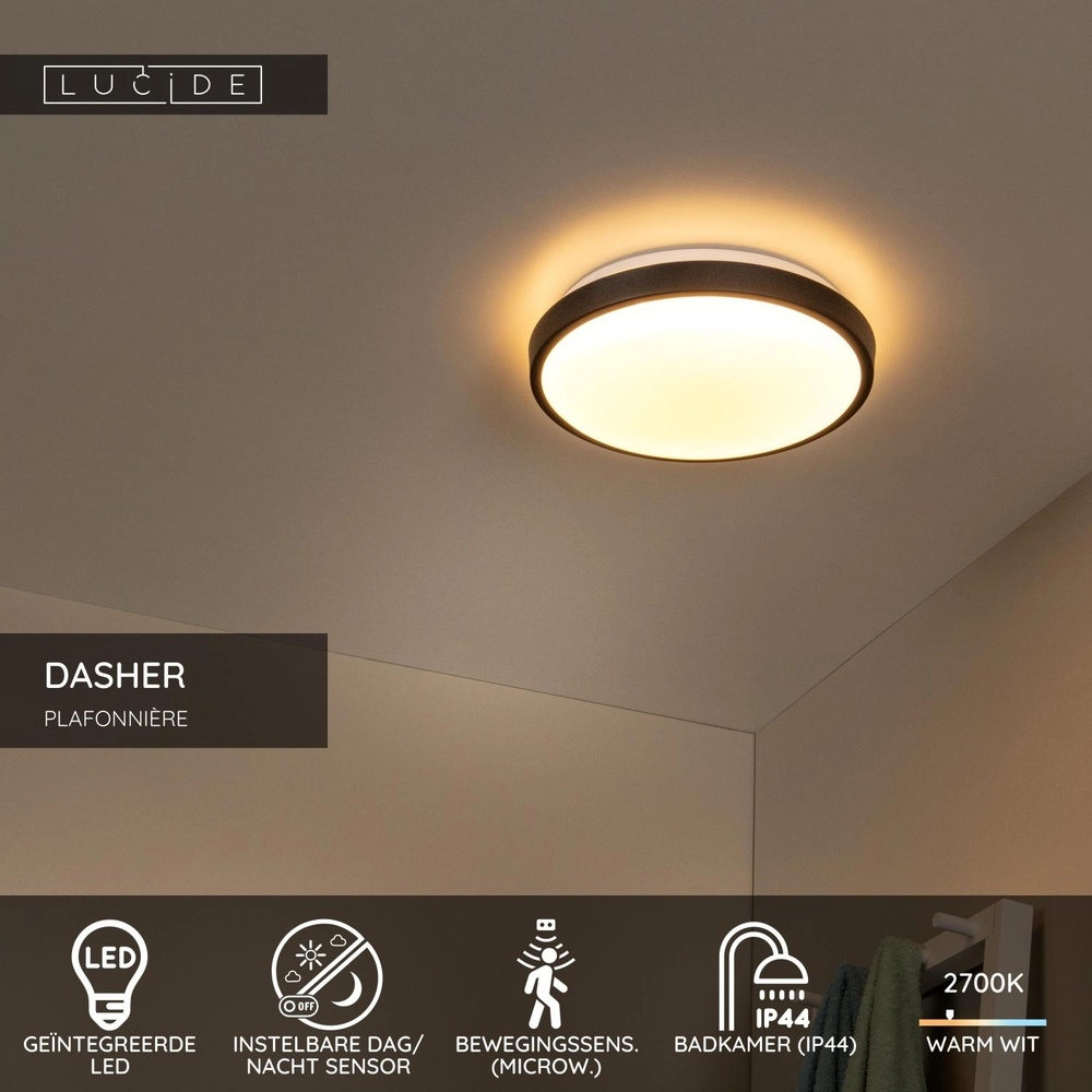 Schwarze Deckenlampe Dasher Ø 29,3 cm IP44 für Badezimmer Lucide 5411212792075