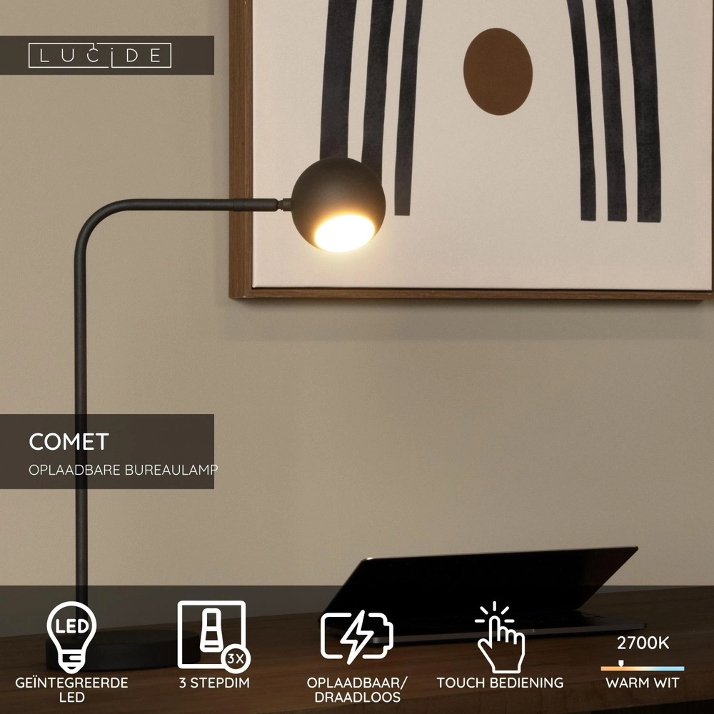 Wiederaufladbare Schreibtischlampe Comet Schwarz Lucide 5411212361288