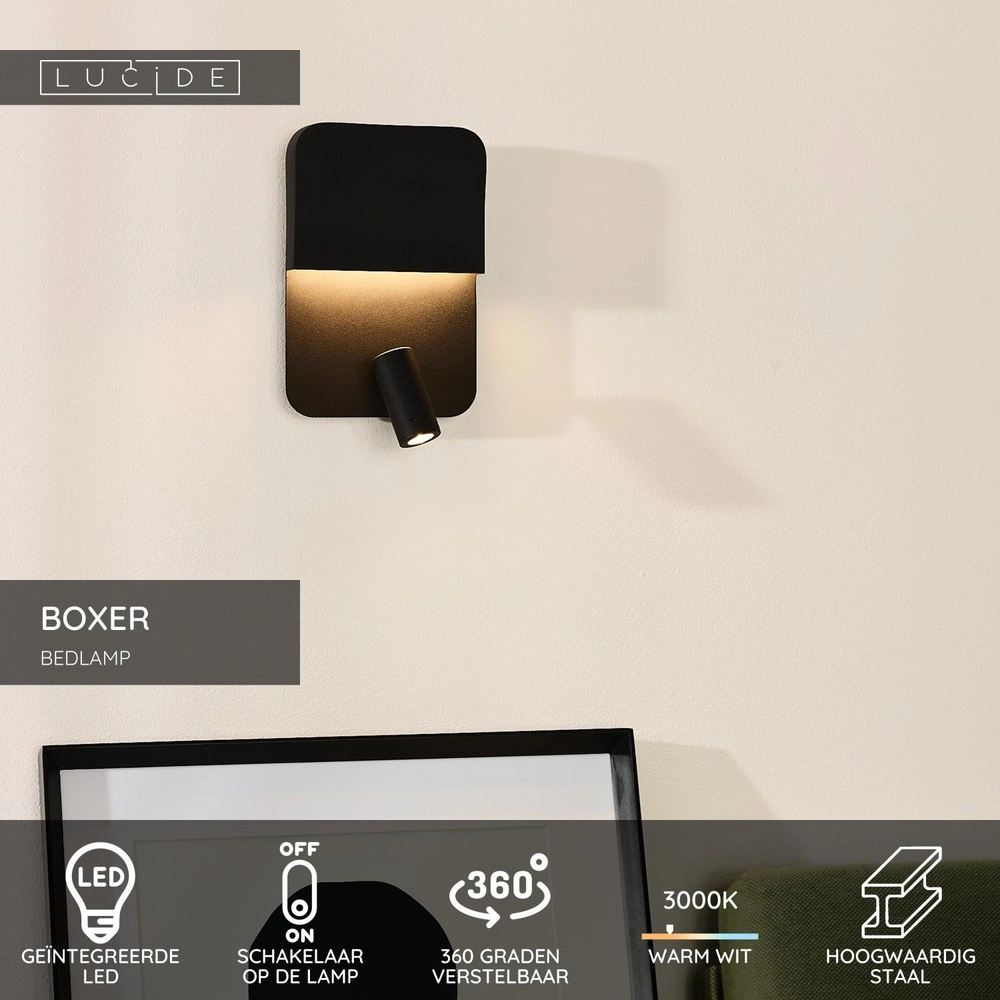 Nachttischlampe Boxer Schwarz mit USB-Ladepunkt Lucide 5411212791535