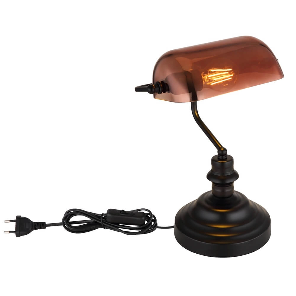 Klassische Schreibtischlampe Antique schwarz mit braunem Glas Globo 9007371474141