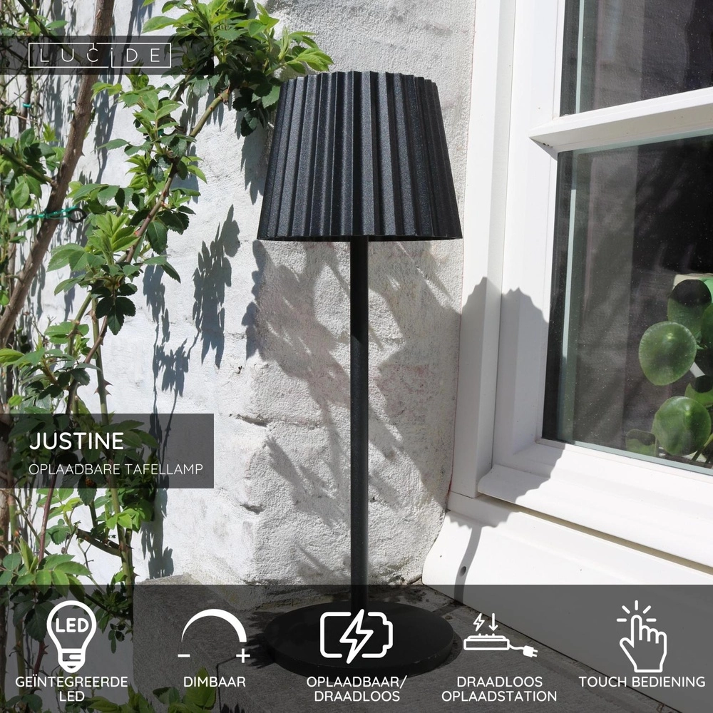 Wiederaufladbare Tischlampe Justine Schwarz mit Ladestation Lucide 5411212272171