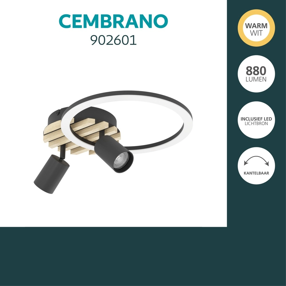 Moderne Deckenlampe Cembrano Schwarz mit Holz 38,5 x 30 cm Eglo 9008606388257