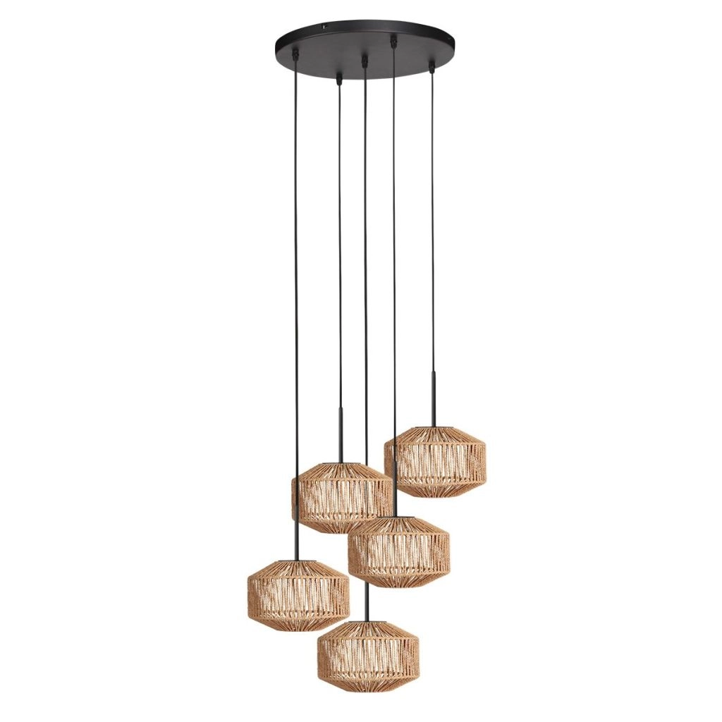 5-Licht Pendellampe Ropex mit Rattanhauben