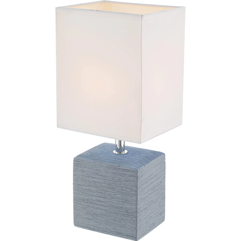 Schlanke Tischleuchte Geri Blau mit weißer Kapuze