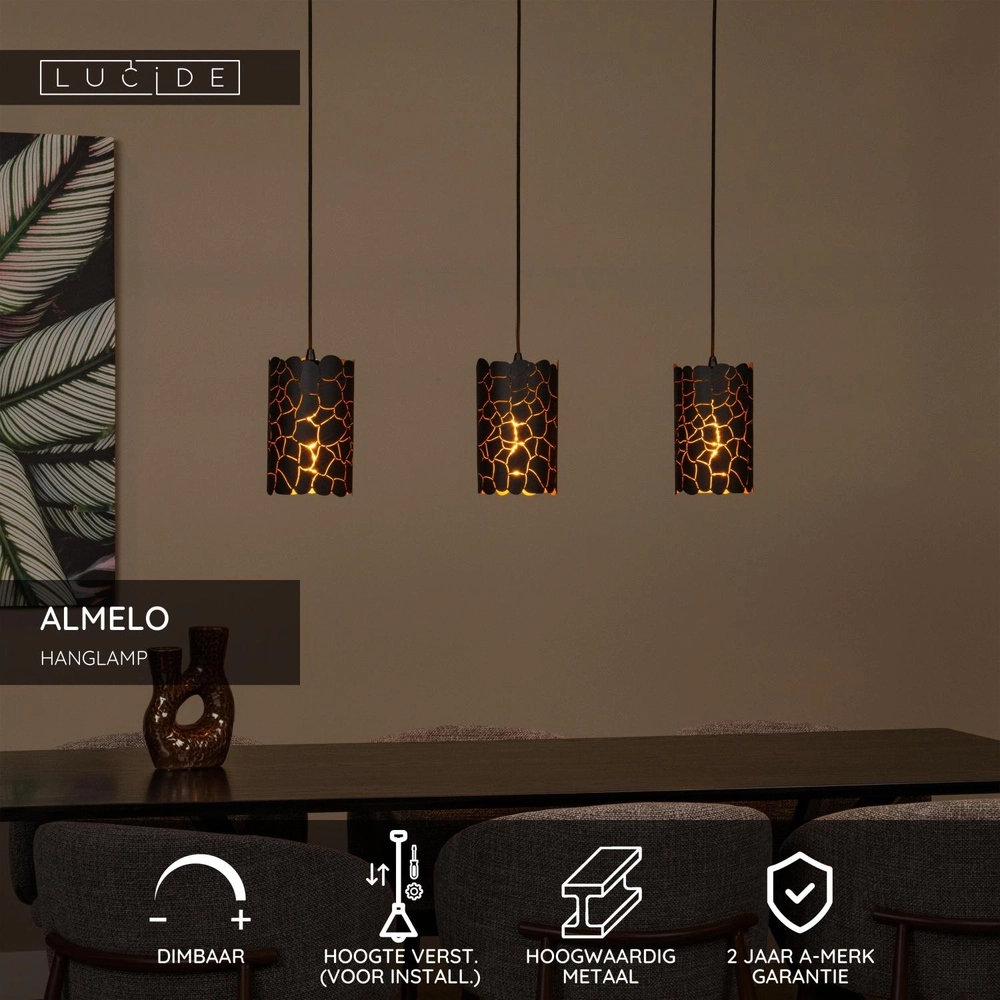 Pendellampe Almelo 3-Licht Schwarz mit Gold innen Lucide 5411212211873