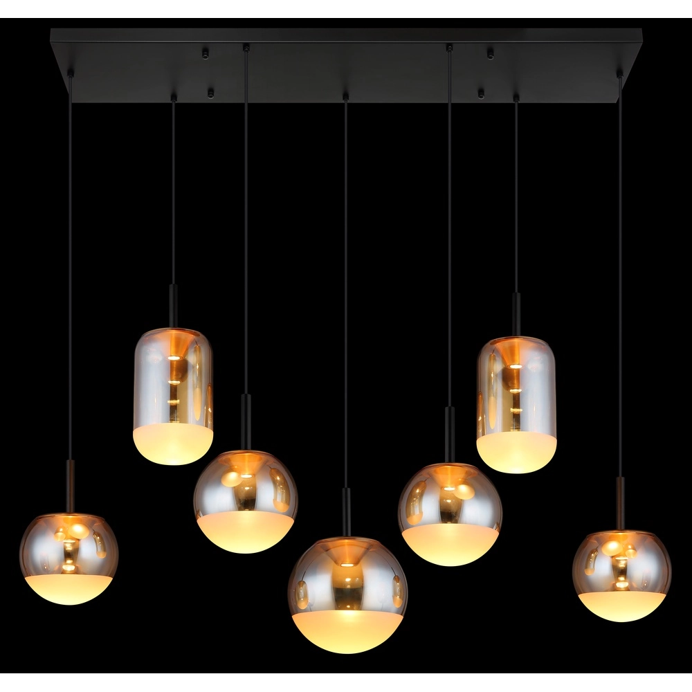 Design-Pendellampe Severin 7-Licht Schwarz mit bernsteinfarbenem Glas Globo 9007371540945