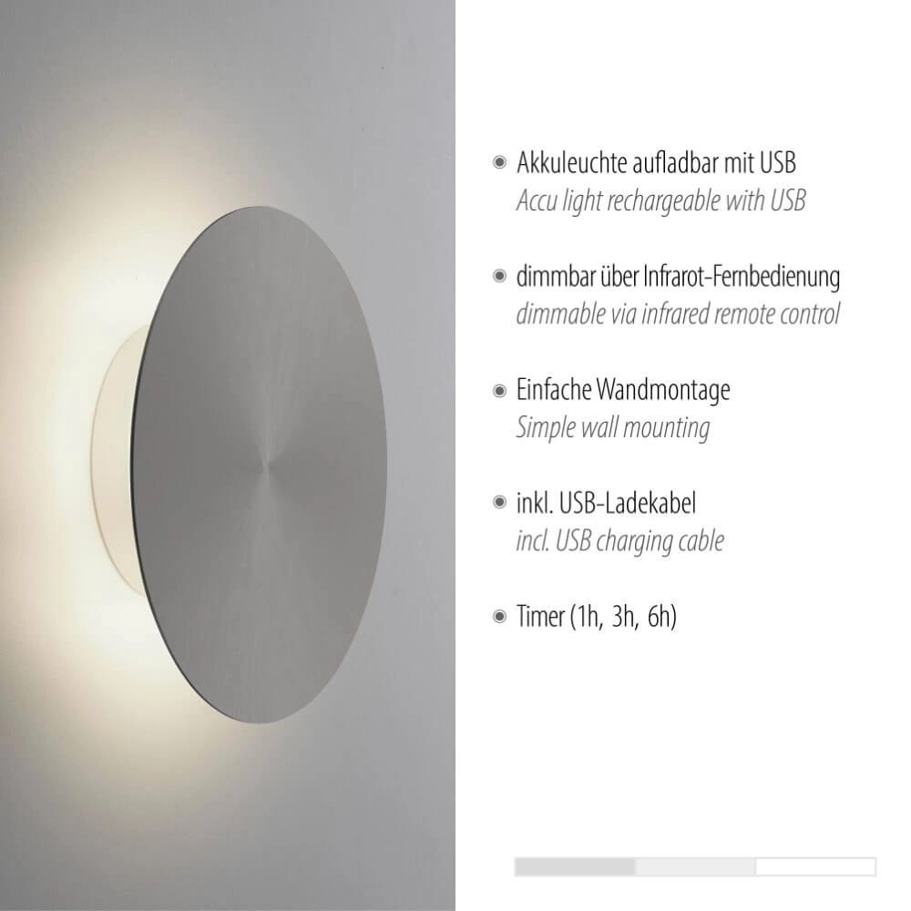 Design-Wandleuchte Akku Puntua Ø 18cm grau Paul Neuhaus 4012248372487