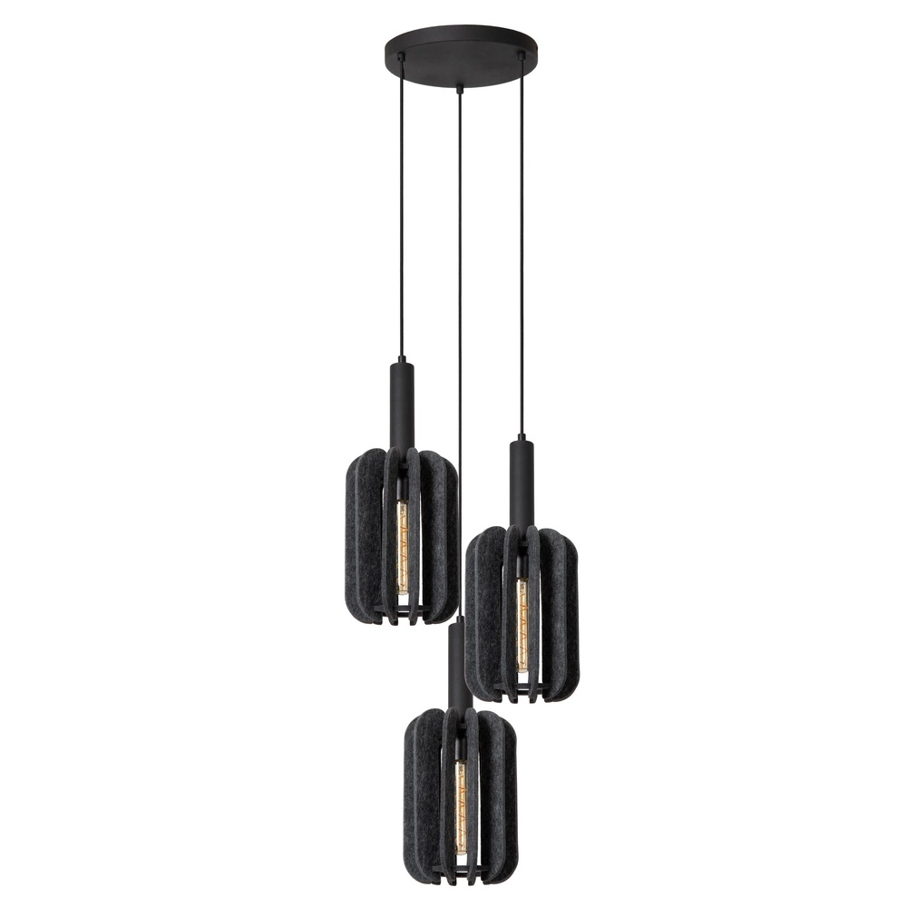 Elegante Pendellampe Rafal 3-Licht rundschwarz mit Grau
