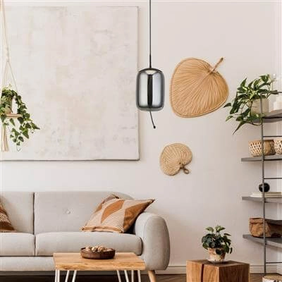 Hängelampe Glas Lisbon Schwarz mit rauchfarbenem Zylinderglas Searchlight 5053423190341