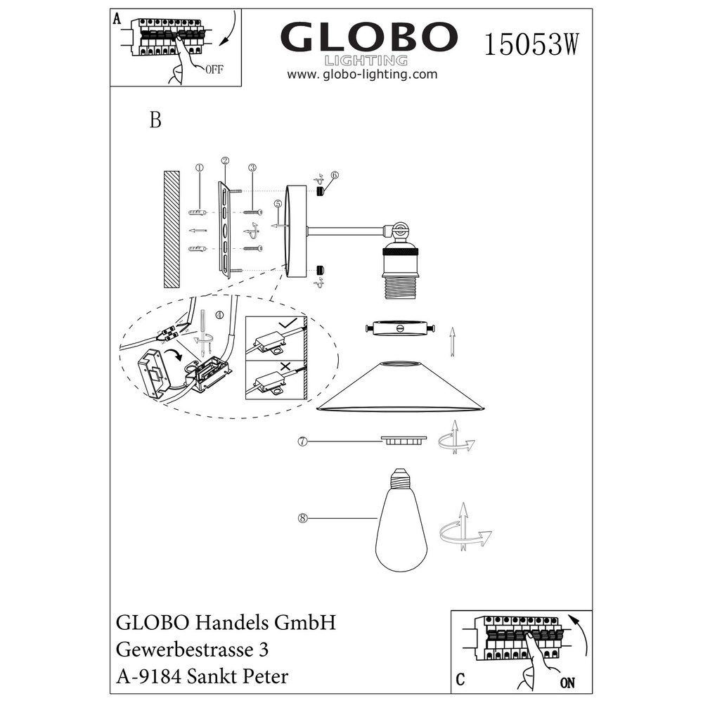 Industrie-Wandlampe Lenius Schwarz mit Gold Globo 9007371337194