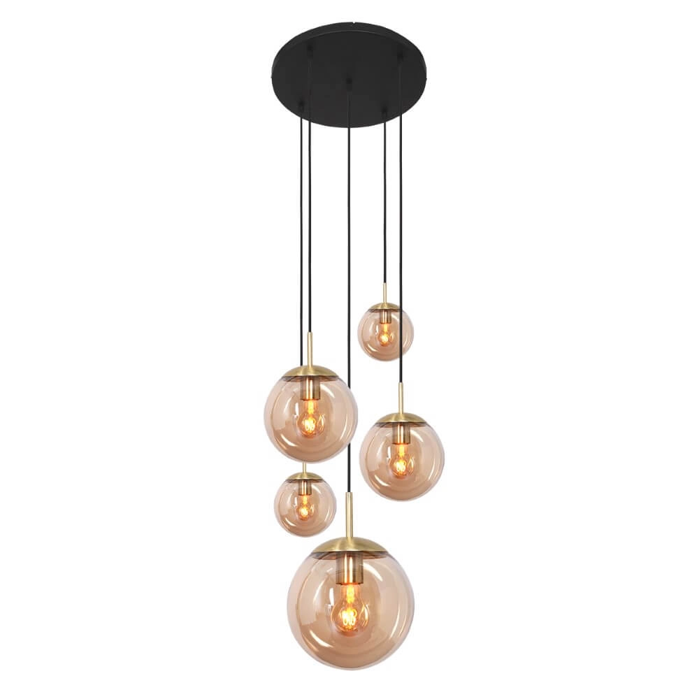 5-light loft hanging lamp Bolique gold with amber glass