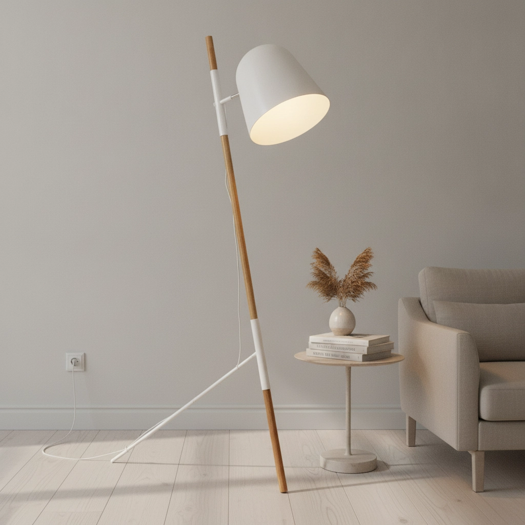 Schlanke Stehlampe Sensa Stativ weiß mit Holz