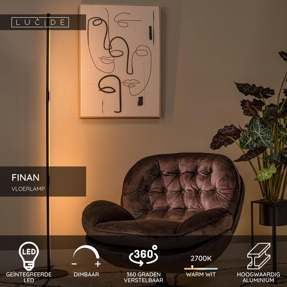 Design-Stehlampe Finan Schwarz Lucide 5411212680044