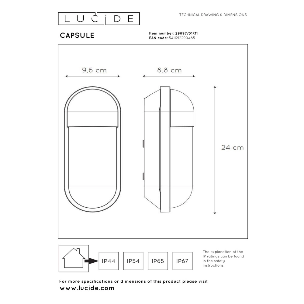 Wandlampe Capsule IP54 weiß Lucide 5411212290465