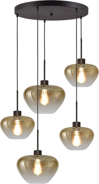 5-flammige Pendelleuchte Genua schwarz mit 3x Goldglas Ø 24cm und 2x Ø 29cm