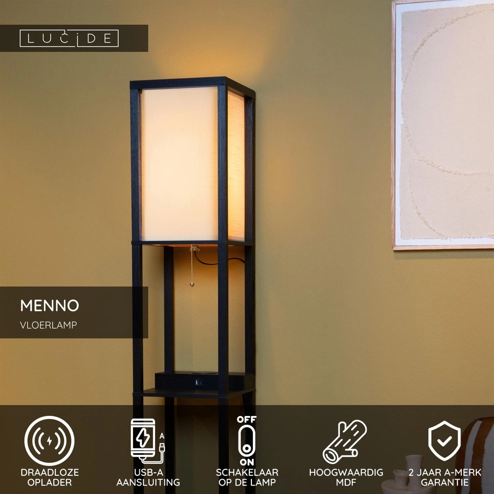Stehlampe Menno Mit drahtlosem Ladepanel schwarz Lucide 5411212441607