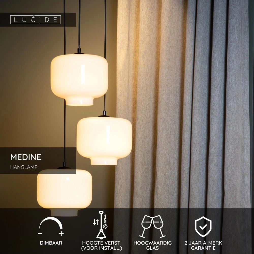 Runde Pendellampe Medine 3-Licht Schwarz mit Opal Lucide 5411212460981