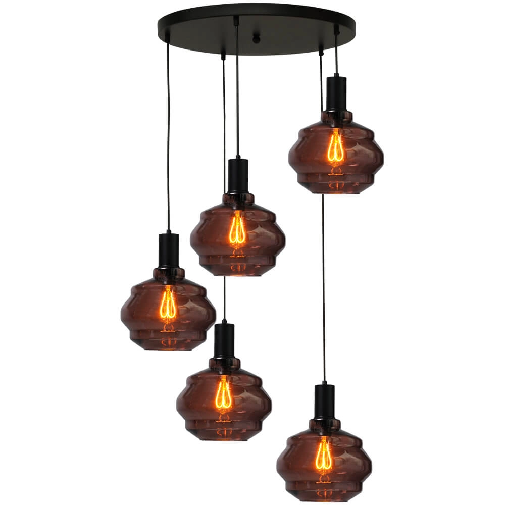 5-flammige Loft-Hängelampe - Schwarz - Porto mit kugelroten Gläsern - Ø 24cm