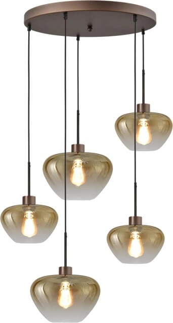 5-flammige Pendelleuchte Genua braun mit 3x Goldglas Ø 24cm und 2x Ø 29cm