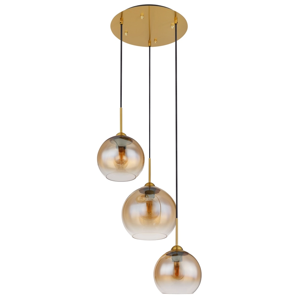Goldene Pendellampe Jamessa 3-Licht mit bernsteinfarbenem Glas Globo 9007371444687