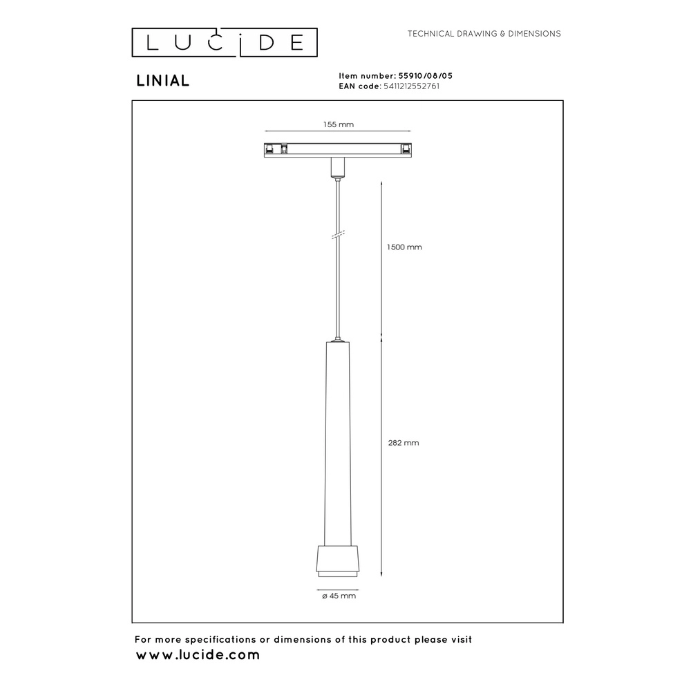 Einphasige Pendelleuchte für Schienen Linial Tubiz Champagner Premium by Lucide 5411212552761
