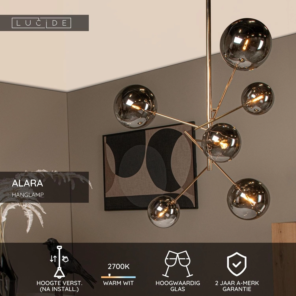 6-Licht Pendellampe Alara Gold mit Rauchkugeln Lucide 5411212461025
