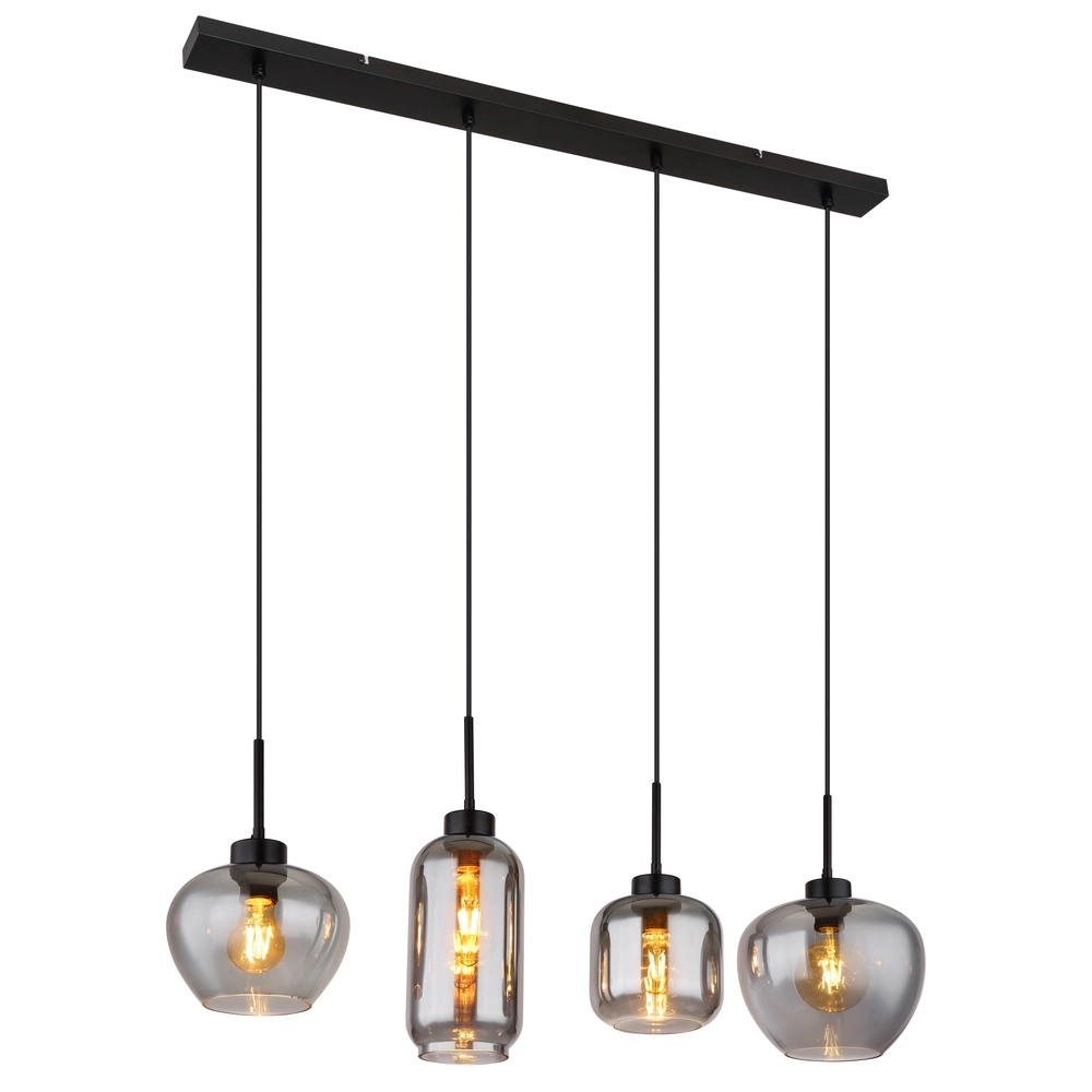4-Licht Pendellampe Matt Schwarz mit Rauchglas