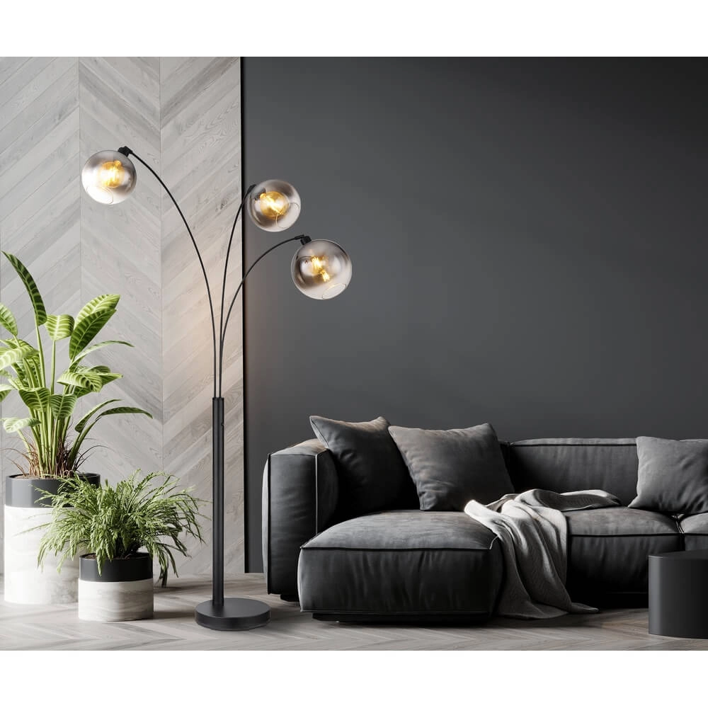 Schwarze Stehleuchte Newcastle Sphere Rauchglas 3-flammig Globo 9007371449798
