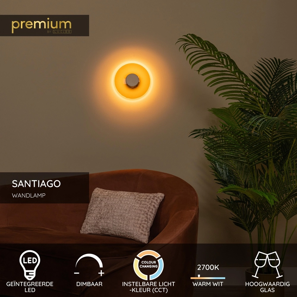 LED-Wandlampe Santiago Ø 23 cm – Champagner mit Bernsteinglas Premium by Lucide 5411212221896