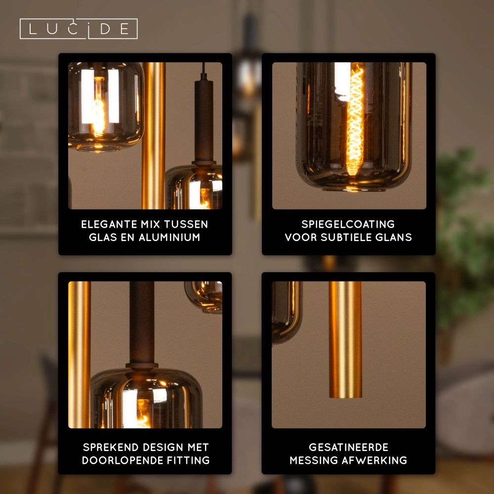 4-Licht Pendellampe Joanet Ø 65 cm Gold mit Rauchglas Lucide 5411212452924