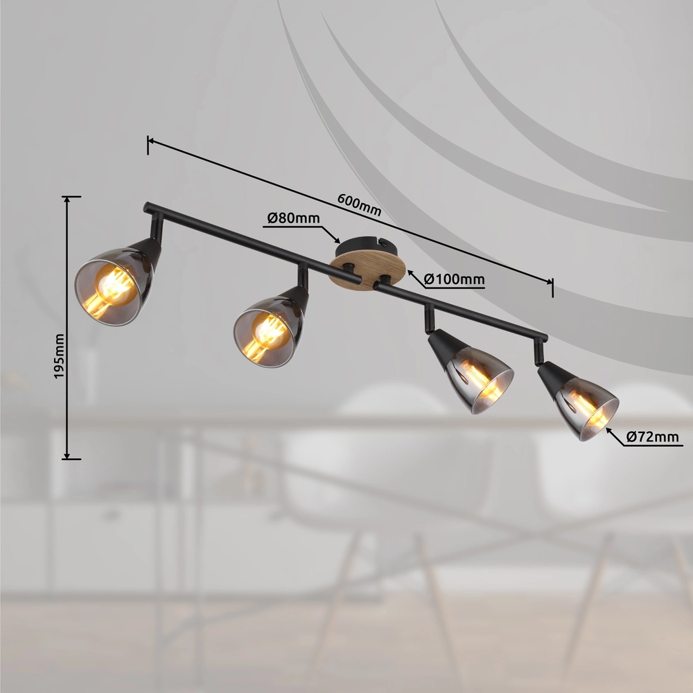 4-Licht Deckenlampe Mubby Schwarz mit Holzoptik Globo 9007371451869