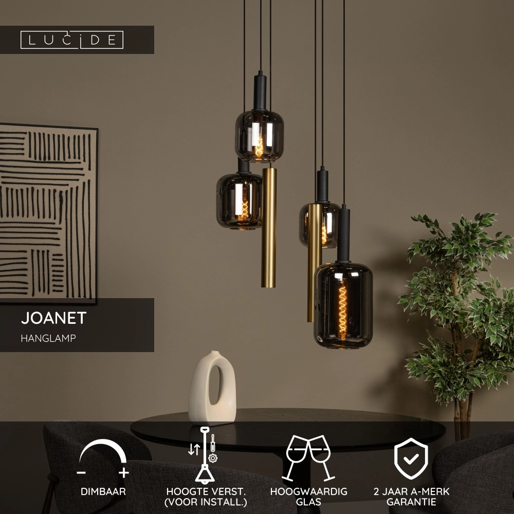 4-Licht Pendellampe Joanet Ø 65 cm Gold mit Rauchglas Lucide 5411212452924
