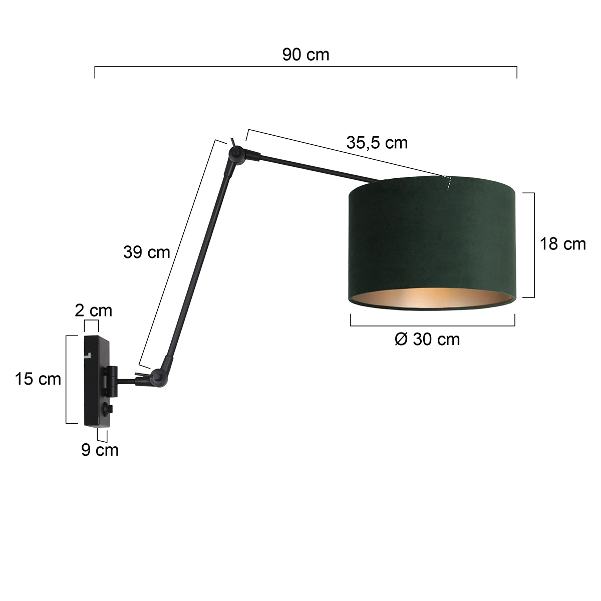 Wandleselampe Prestige Chic Schwarz mit 30 cm grünem Samtschirm Steinhauer 8712746145915